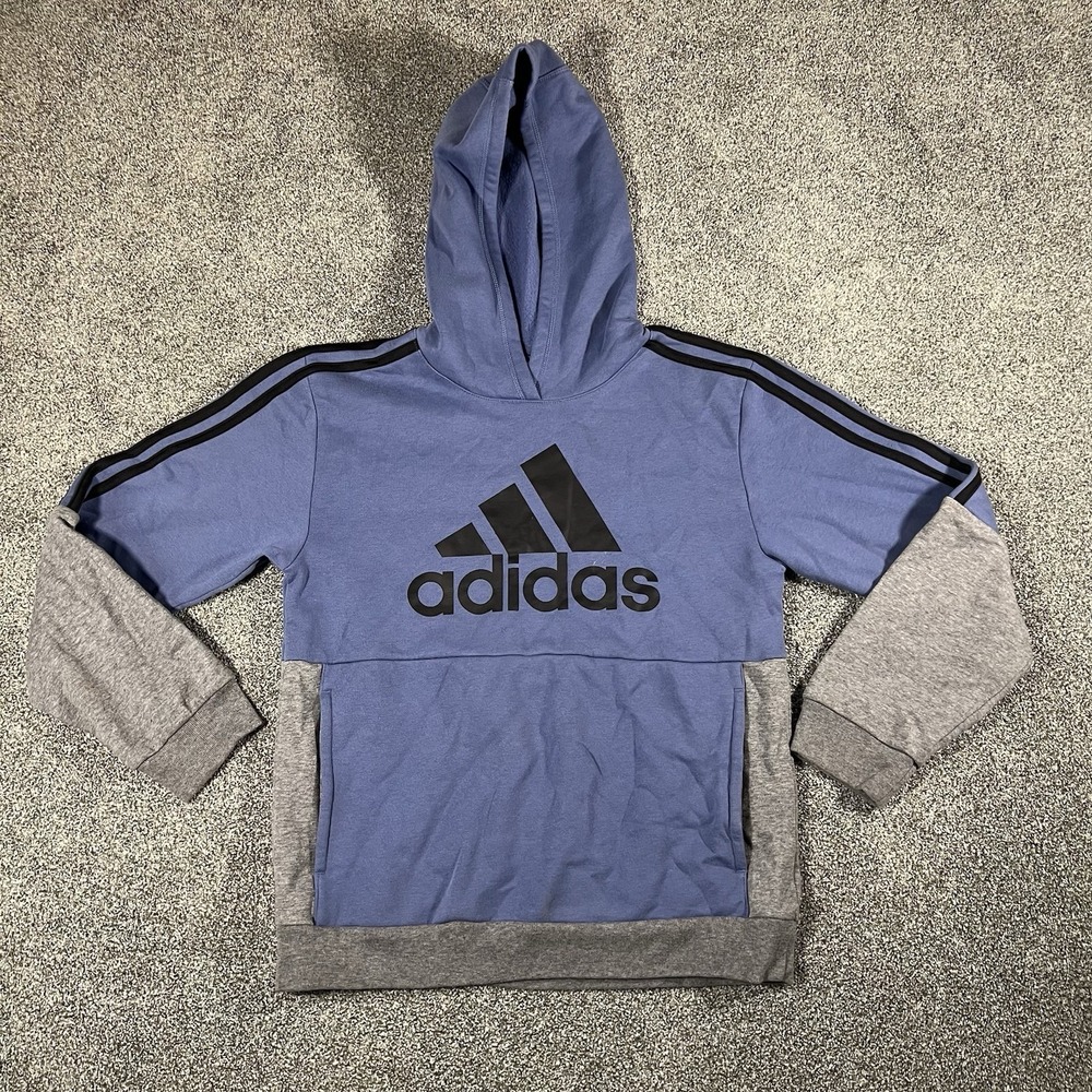 Adidas Hoodie Youth Large 14-16 Blue Gray Pullover Big Logo Sweatshirt Boys